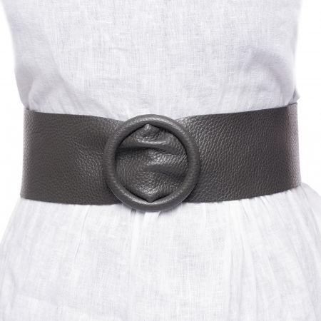 Curele & Centuri - Curea gri din piele naturala cu latime de 7 cm, catarama rotunda imbracata in piele