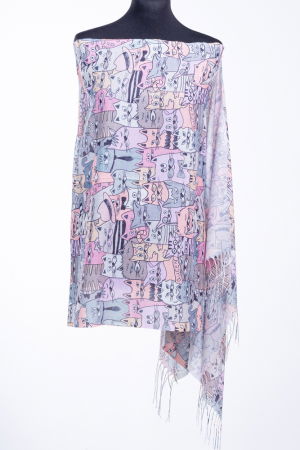 Eșarfe din Vâscoză - Esarfa dreptunghiulara cu imprimeu pisici pe nuante de roz, din vascoza