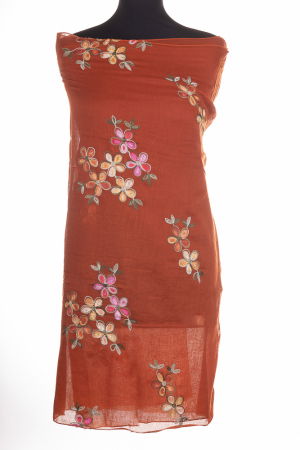 ACCESORII DAMĂ - Esarfa bumbac cu model floral brodat in laterale pe fond caramiziu