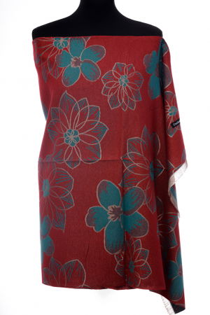 Eșarfe tip Cashmere - Esarfa casmir dubla fata cu flori mari turcoaz pe fond rosu inchis