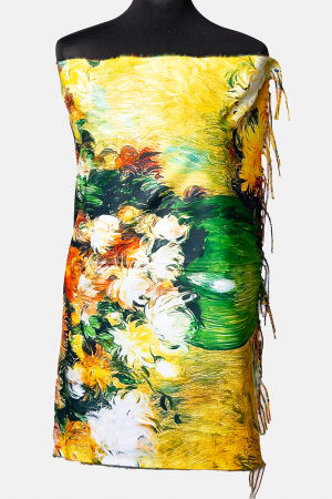 Eșarfe tip Cashmere - Esarfa cashmere cu doua fete cu imprimeu natura statica cu crizanteme in vaza