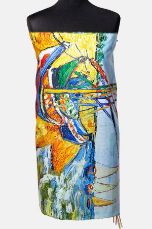 Eșarfe din Vâscoză - Esarfa vascoza cu fir din lurex imprimata cu reproducerea  dupa "Barci pe plaja" de Van Gogh