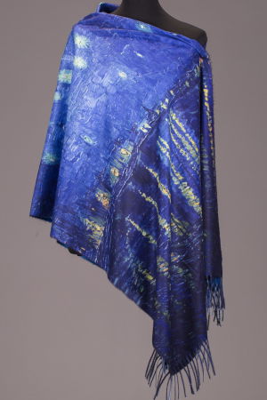 Eșarfe tip Cashmere - Esarfa cashmere cu doua fete imprimata cu reproduceri dupa " Noapte Instelata deasupra Rhonului" de Claude Monet