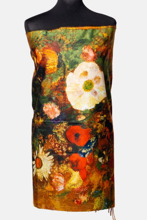Eșarfe din Vâscoză - Esarfa vascoza cu fir din lurex, imprimita cu reproduceri dupa o pictura cu flori de camp