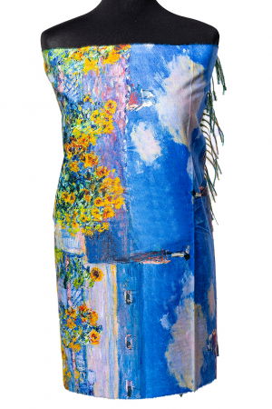 Eșarfe tip Cashmere - Esarfa cashmere cu doua fete imprimata cu un peisaj marin cu far