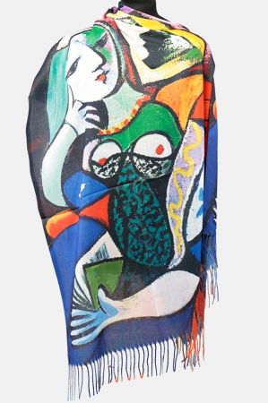 Eșarfe tip Cashmere cu Lurex - Esarfa cashmere cu fir de lurex, doua fete imprimata cu reproducere dupa " Femeie cu carte" lui Picasso