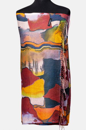 Eșarfe tip Cashmere - Esarfa cashmere cu fir din lurex, model abstract bordo, verde si portocaliu