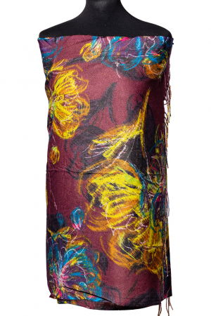 Eșarfe tip Cashmere - Esarfa cashmere cu fir din lurex, flori stilizate pe fond bordo