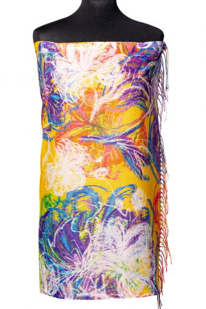 Eșarfe tip Cashmere cu Lurex - Esarfa cashmere cu fir din lurex, flori stilizate pe fond galben