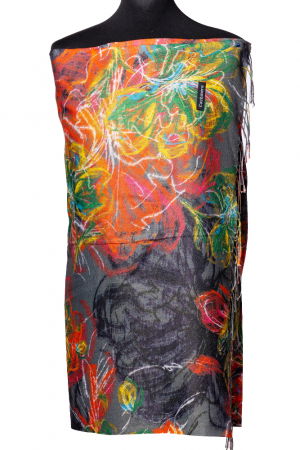 Eșarfe tip Cashmere cu Lurex - Esarfa cashmere cu fir din lurex, flori stilizate pe fond gri