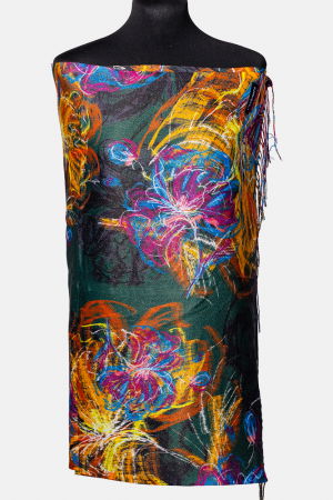 Eșarfe tip Cashmere - Esarfa cashmere cu fir din lurex, flori stilizate pe fond verde inchis