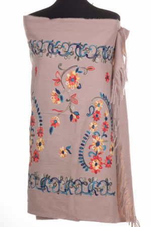 Esarfa cashmere cu model floral brodat pe fond bej