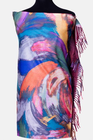 Eșarfe tip Cashmere - Esarfa cashmere cu model pensulat in nuante intense de turcoaz, roz si mov