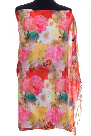 Eșarfe tip Cashmere - Esarfa casmir cu flori albe si roz pe fond corai