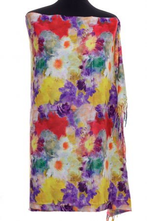 Eșarfe tip Cashmere - Esarfa casmir cu flori albe si mov pe fond galben