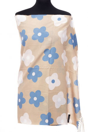 Eșarfe tip Cashmere - Esarfa casmir cu flori crem si albastre pe fond capucino