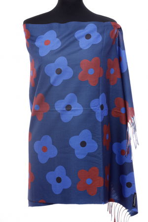 Eșarfe tip Cashmere - Esarfa casmir cu flori bordo si albstre pe fond bleumarin