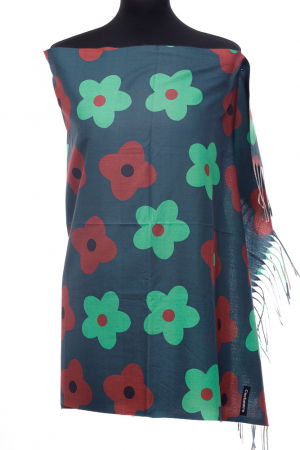 Eșarfe tip Cashmere - Esarfa casmir cu flori verzi si caramizii pe fond verde inchis