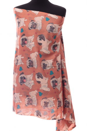 Eșarfe tip Cashmere - Esarfa casmir cu imprimeu catei pug pe fond caramiziu