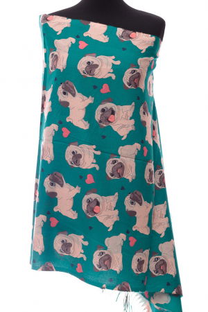 Eșarfe tip Cashmere - Esarfa casmir cu imprimeu catei pug pe fond verde smarald