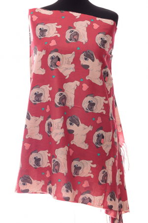 Eșarfe tip Cashmere - Esarfa casmir cu imprimeu catei pug pe fond rosu