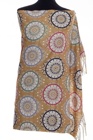 ACCESORII DAMĂ - Esarfa casmir cu imprimeu mandale si inimi pe fond mustar