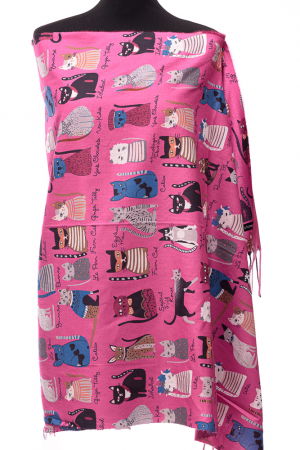 ACCESORII DAMĂ - Esarfa casmir cu imprimeu pisicute cochete pe fond fucsia