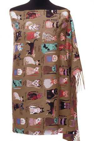 Eșarfe tip Cashmere - Esarfa casmir cu imprimeu pisicute cochete pe fond camel