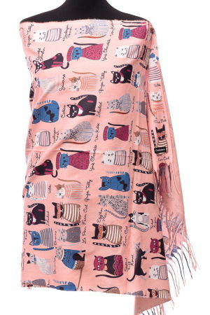 Eșarfe tip Cashmere - Esarfa casmir cu imprimeu pisicute cochete pe fond roz