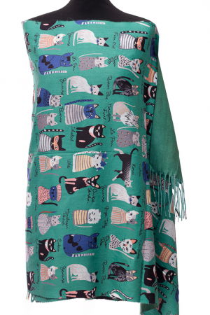 ACCESORII DAMĂ - Esarfa casmir cu imprimeu pisicute cochete pe fond verde