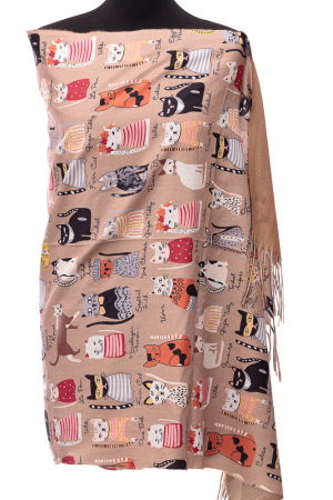 Esarfa casmir cu imprimeu pisicute cochete pe fond bej inchis