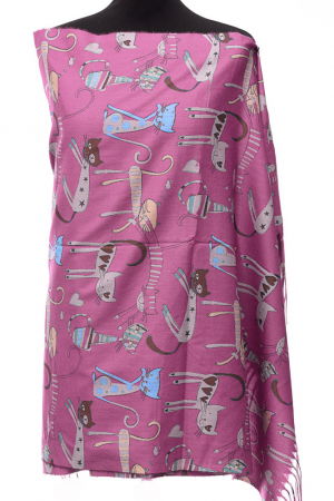 Eșarfe tip Cashmere - Esarfa casmir cu imprimeu pisicute si inimioare pe fond roz inchis