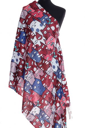 Eșarfe tip Cashmere - Esarfa casmir cu pisici cu ochi mari predominant bordo si roz