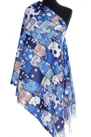 Esarfa casmir cu pisici cu ochi mari predominant albastru electric si lila