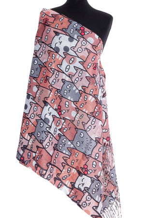 Eșarfe tip Cashmere - Esarfa casmir cu pisici cu ochi mari predominant roz si gri