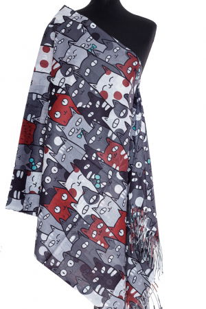 Esarfa casmir cu pisici cu ochi mari predominant gri si caramiziu