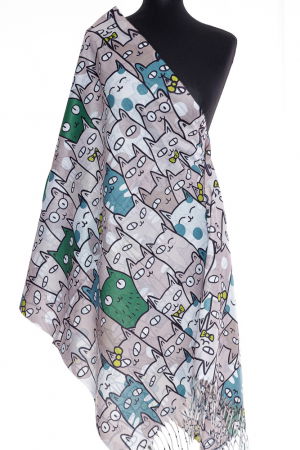 Eșarfe tip Cashmere - Esarfa casmir cu pisici cu ochi mari predominant bej si verde