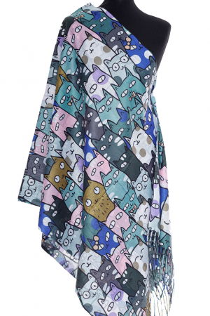 Eșarfe tip Cashmere - Esarfa casmir cu pisici multicolore cu ochi mari