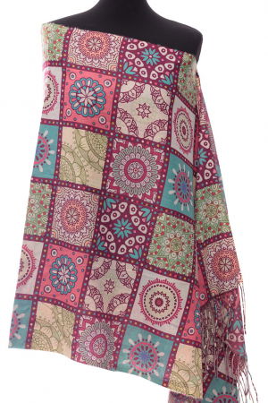 Eșarfe tip Cashmere - Esarfa casmir dreptunghiulara cu patrate modele marocane in nuante bordo