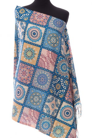 Eșarfe tip Cashmere - Esarfa casmir dreptunghiulara cu patrate modele marocane in nuante albastru-ocru