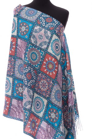 Eșarfe tip Cashmere - Esarfa casmir dreptunghiulara cu patrate modele marocane in nuante turcoaz