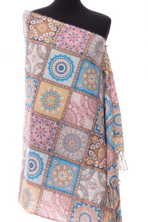 Eșarfe tip Cashmere - Esarfa casmir dreptunghiulara cu patrate modele marocane in nuante bej-ocru