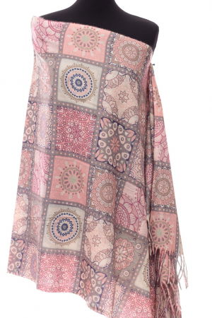 Eșarfe tip Cashmere - Esarfa casmir dreptunghiulara cu patrate modele marocane in nuante roz-bej