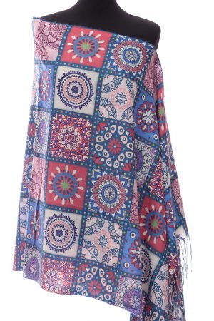 Eșarfe tip Cashmere - Esarfa casmir dreptunghiulara cu patrate modele marocane in nuante albastru-bordo