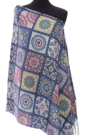 Eșarfe tip Cashmere - Esarfa casmir dreptunghiulara cu patrate modele marocane predominant albastru jeans