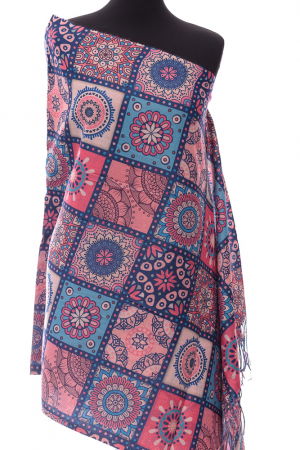 Eșarfe tip Cashmere - Esarfa casmir dreptunghiulara cu patrate modele marocane in nuante de albastru-fucsia