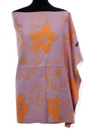 Esarfa casmir dubla fata cu flori mari portocalii pe fond lila