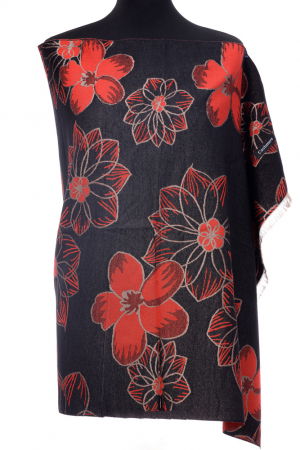 Eșarfe tip Cashmere - Esarfa casmir dubla fata cu flori mari rosii pe fond negru