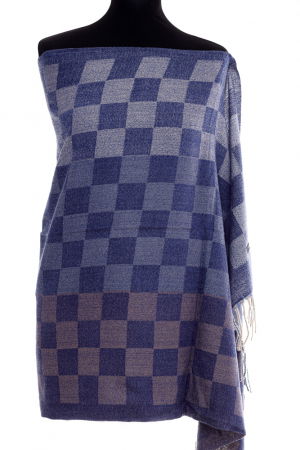 Eșarfe tip Cashmere - Esarfa casmir unisex cu imprimeu tabla de sah pe fond bleumarin