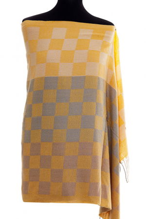 Eșarfe tip Cashmere - Esarfa casmir unisex cu imprimeu tabla de sah pe fond galben